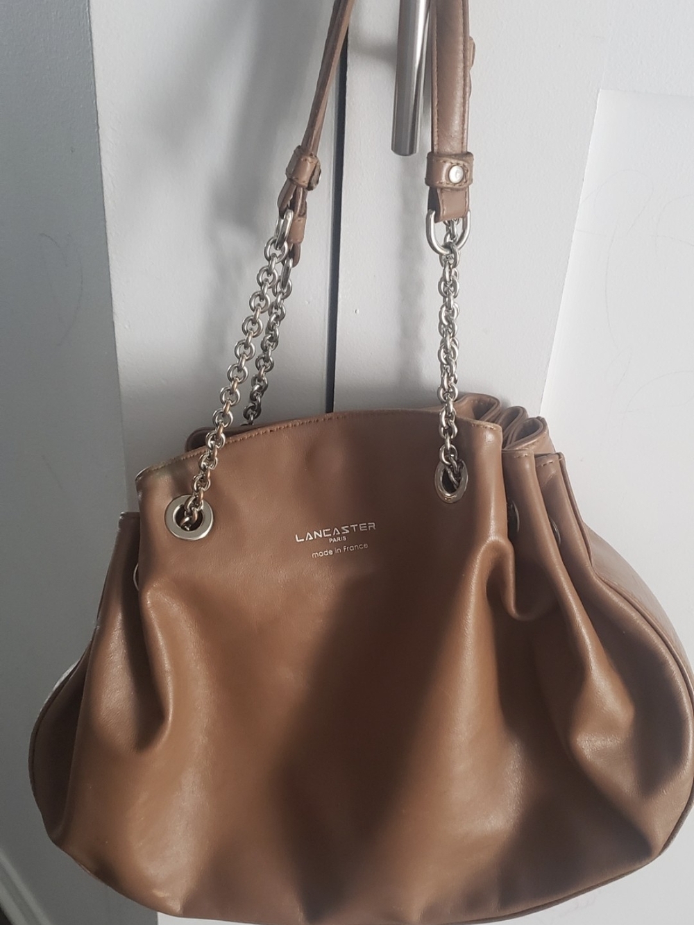 Lancaster Paris Tan Leather Shoulder Bag with Chain Straps